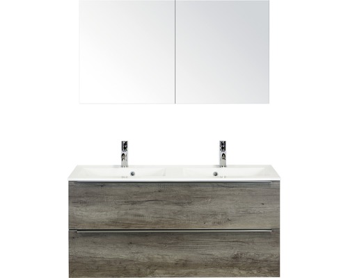 Set de meubles de salle de bains Sanox Pulse lxhxp 120 x 170 x 50 cm couleur de façade nebraska oak avec vasque en fonte minérale blanc