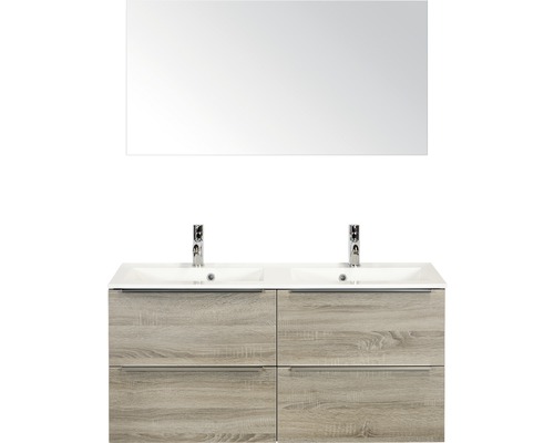 Set de meubles de salle de bains Sanox Pulse lxhxp 120 x 170 x 50 cm couleur de façade chêne gris avec vasque en fonte minérale blanc et meuble sous vasque double vasque miroir