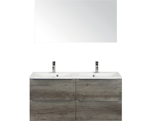 Set de meubles de salle de bains Sanox Pulse lxhxp 120 x 170 x 50 cm couleur de façade nebraska oak avec vasque en fonte minérale blanc et meuble sous vasque double vasque miroir