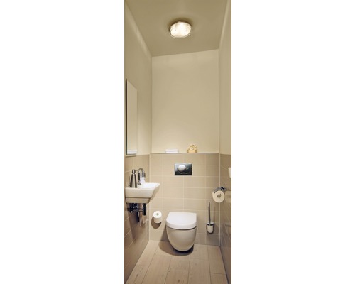 Kleines Badezimmer mit Toilette, Waschbecken und Beleuchtung