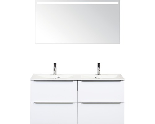 Set de meubles de salle de bains Sanox Pulse lxhxp 120 x 170 x 50 cm couleur de façade blanc haute brillance avec vasque en fonte minérale blanc et meuble sous vasque double vasque miroir avec éclairage LED