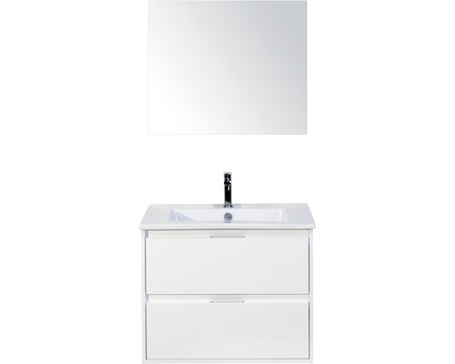 Set de meubles de salle de bains sanox Porto 70 cm blanc haute brillance 3 pièces meuble bas avec lavabo en céramique et miroir