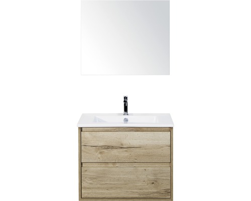 Set de meubles de salle de bains sanox Porto 70 cm chêne nature 3 pièces meuble bas avec lavabo en céramique et miroir