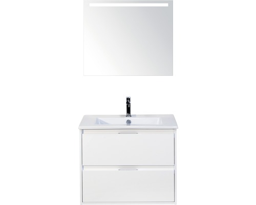 Set de meubles de salle de bains sanox Porto 70 cm blanc haute brillance 3 pièces meuble bas avec lavabo en céramique et miroir LED