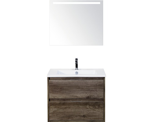 Set de meubles de salle de bains sanox Porto 70 cm nebraska oak 3 pièces meuble bas avec lavabo en céramique et miroir LED