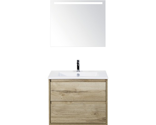 Badmöbel-Set sanox Porto 70 cm eiche natur 3-teilig Unterschrank inkl. Keramikwaschbecken und LED-Spiegel