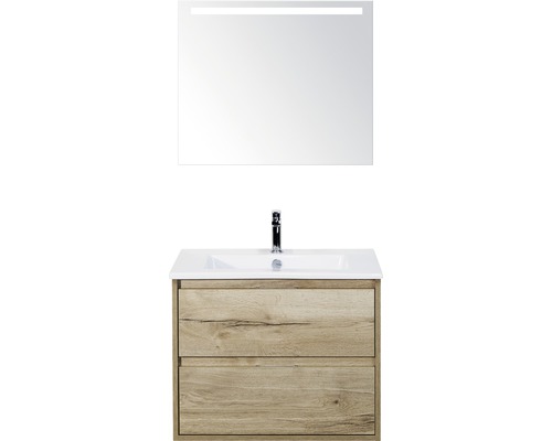 Set de meubles de salle de bains sanox Porto 70 cm chêne nature 3 pièces meuble bas avec lavabo en céramique et miroir LED