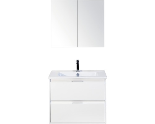 Set de meubles de salle de bains sanox Porto 70 cm blanc haute brillance 3 pièces meuble bas avec lavabo en céramique et armoire à miroir