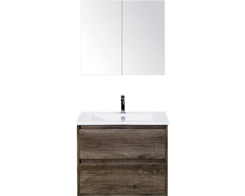 Set de meubles de salle de bains sanox Porto 70 cm nebraska oak 3 pièces meuble bas avec lavabo en céramique et armoire à miroir