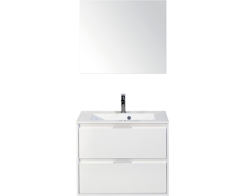 Set de meubles de salle de bains sanox Porto 70 cm blanc haute brillance 3 pièces meuble bas avec lavabo en fonte minérale et miroir