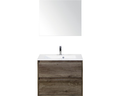 Set de meubles de salle de bains sanox Porto 70 cm nebraska oak 3 pièces meuble bas avec lavabo en fonte minérale et miroir