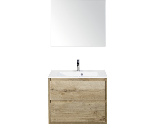 Set de meubles de salle de bains sanox Porto 70 cm chêne nature 3 pièces meuble bas avec lavabo en fonte minérale et miroir