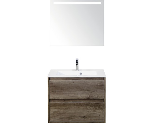 Set de meubles de salle de bains sanox Porto 70 cm nebraska oak 3 pièces meuble bas avec lavabo en fonte minérale et miroir LED