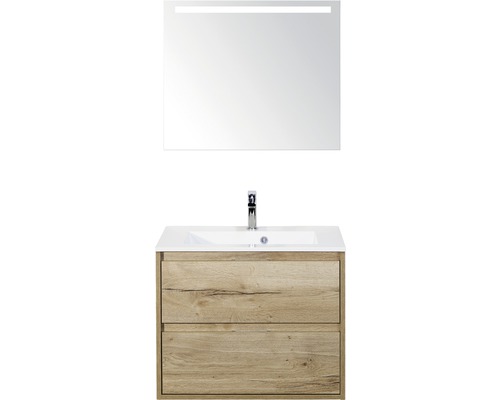 Set de meubles de salle de bains sanox Porto 70 cm chêne nature 3 pièces meuble bas avec lavabo en fonte minérale et miroir LED