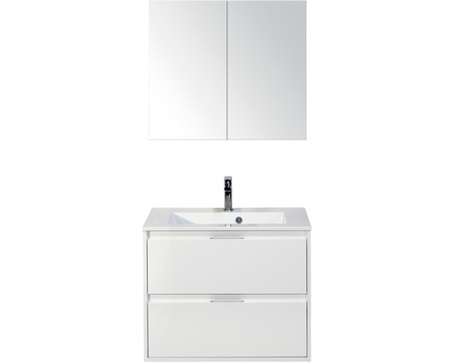 Set de meubles de salle de bains sanox Porto 70 cm blanc haute brillance 3 pièces meuble bas avec lavabo en fonte minérale et armoire à miroir