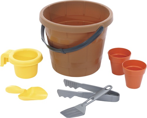 Set de bac à sable avec seau, pelle, gobelet, deux pots de fleurs et pince de barbecue