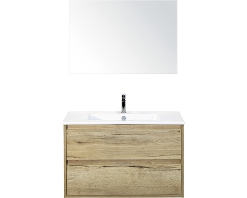 Set de meubles de salle de bains sanox Porto 90 cm chêne nature 3 pièces meuble bas avec lavabo en céramique et miroir