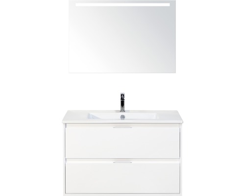 Set de meubles de salle de bains sanox Porto 90 cm blanc haute brillance 3 pièces meuble bas avec lavabo en céramique et miroir LED