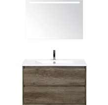 Set de meubles de salle de bains sanox Porto 90 cm nebraska oak 3 pièces meuble bas avec lavabo en céramique et miroir LED