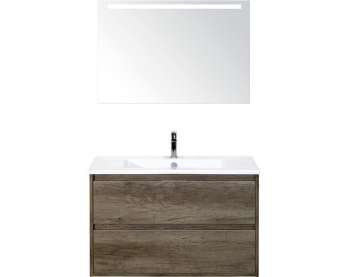 Set de meubles de salle de bains sanox Porto 90 cm nebraska oak 3 pièces meuble bas avec lavabo en céramique et miroir LED