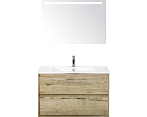 Badmöbel-Set sanox Porto 90 cm eiche natur 3-teilig Unterschrank inkl. Keramikwaschbecken und LED-Spiegel