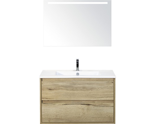 Set de meubles de salle de bains sanox Porto 90 cm chêne nature 3 pièces meuble bas avec lavabo en céramique et miroir LED