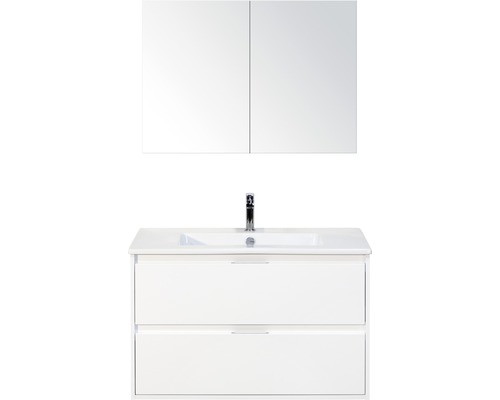 Badmöbel-Set sanox Porto 90 cm weiss hochglanz 3-teilig Unterschrank inkl. Keramikwaschbecken und Spiegelschrank