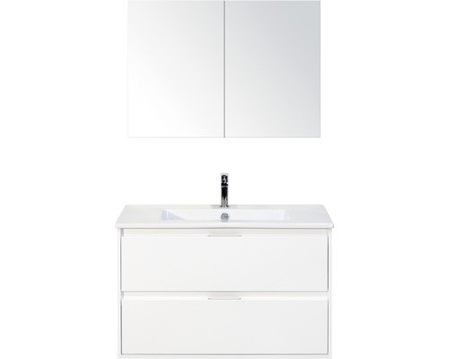 Set de meubles de salle de bains sanox Porto 90 cm blanc haute brillance 3 pièces meuble bas avec lavabo en céramique et armoire à miroir