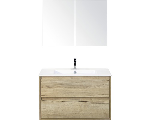 Set de meubles de salle de bains sanox Porto 90 cm chêne nature 3 pièces meuble bas avec lavabo en céramique et armoire à miroir