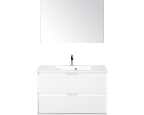 Badmöbel-Set sanox Porto 90 cm weiss hochglanz 3-teilig Unterschrank inkl. Mineralgusswaschbecken und Spiegel