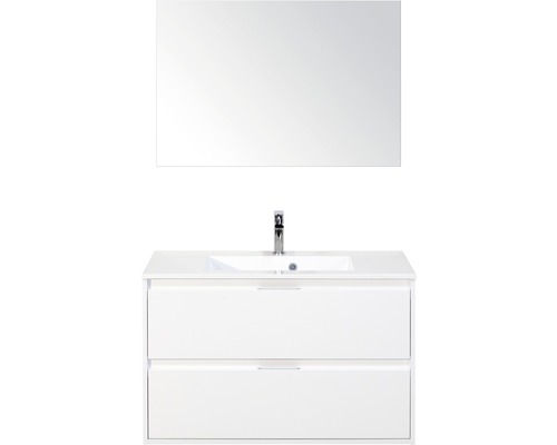 Set de meubles de salle de bains sanox Porto 90 cm blanc haute brillance 3 pièces meuble bas avec lavabo en fonte minérale et miroir