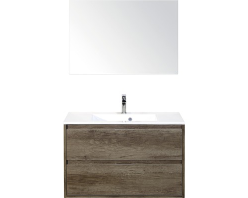 Set de meubles de salle de bains sanox Porto 90 cm nebraska oak 3 pièces meuble bas avec lavabo en fonte minérale et miroir