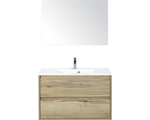 Set de meubles de salle de bains sanox Porto 90 cm chêne nature 3 pièces meuble bas avec lavabo en fonte minérale et miroir