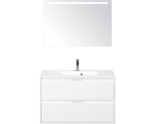 Badmöbel-Set sanox Porto 90 cm weiss hochglanz 3-teilig Unterschrank inkl. Mineralgusswaschbecken und LED-Spiegel