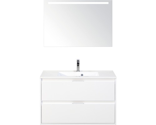 Set de meubles de salle de bains sanox Porto 90 cm blanc haute brillance 3 pièces meuble bas avec lavabo en fonte minérale et miroir LED