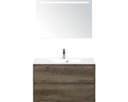 Set de meubles de salle de bains sanox Porto 90 cm nebraska oak 3 pièces meuble bas avec lavabo en fonte minérale et miroir LED