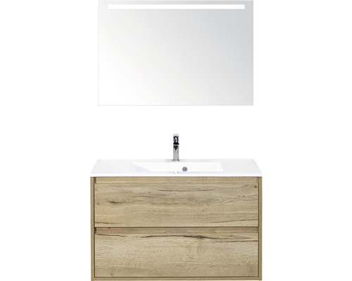 Set de meubles de salle de bains sanox Porto 90 cm chêne nature 3 pièces meuble bas avec lavabo en fonte minérale et miroir LED