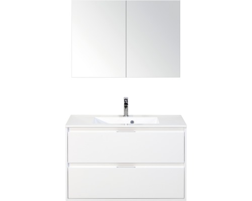 Set de meubles de salle de bains sanox Porto 90 cm blanc haute brillance 3 pièces meuble bas avec lavabo en fonte minérale et armoire à miroir