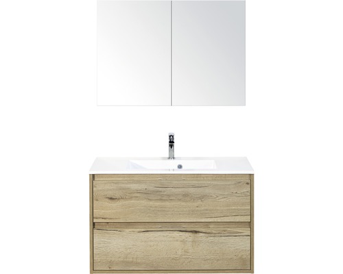 Badmöbel-Set sanox Porto 90 cm eiche natur 3-teilig Unterschrank inkl. Mineralgusswaschbecken und Spiegelschrank