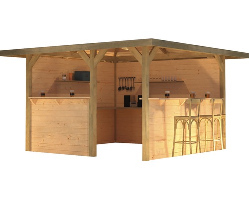 Bar de jardin en bois avec étagères, tabourets de bar et boissons