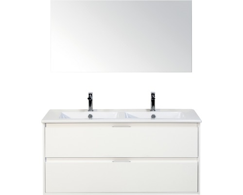 Badmöbel-Set sanox Porto 120 cm weiss hochglanz 3-teilig Unterschrank inkl. Keramikdoppelwaschbecken und Spiegel