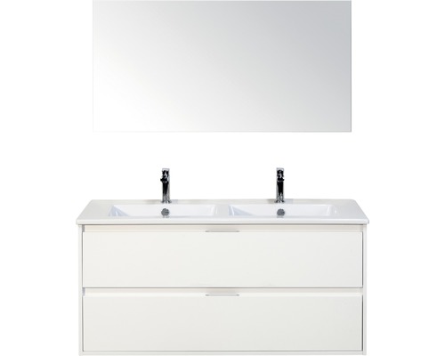 Set de meubles de salle de bains sanox Porto 120 cm blanc haute brillance 3 pièces meuble bas avec lavabo double en céramique et miroir