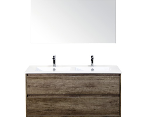 Set de meubles de salle de bains sanox Porto 120 cm nebraska oak 3 pièces meuble bas avec lavabo double en céramique et miroir