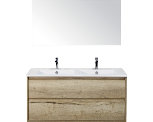 Set de meubles de salle de bains sanox Porto 120 cm chêne nature 3 pièces meuble bas avec lavabo double en céramique et miroir