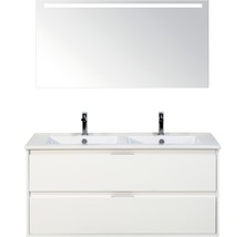 Waschtisch mit zwei Waschbecken, Unterschrank und Spiegel mit Beleuchtung