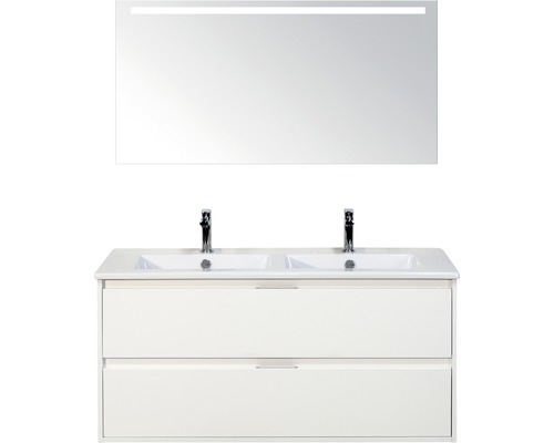 Badmöbel-Set sanox Porto 120 cm weiss hochglanz 3-teilig Unterschrank inkl. Keramikdoppelwaschbecken und LED-Spiegel