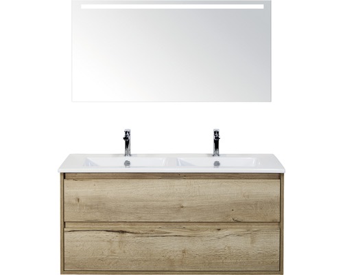 Set de meubles de salle de bains sanox Porto 120 cm chêne nature 3 pièces meuble bas avec lavabo double en céramique et miroir LED