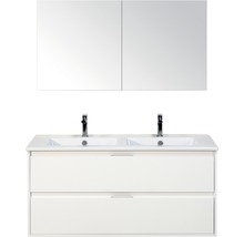 Waschtisch mit zwei Waschbecken, Unterschrank mit zwei Schubladen und Spiegelschrank