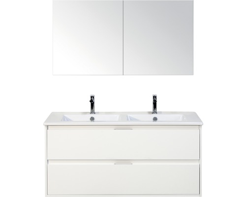 Set de meubles de salle de bains sanox Porto 120 cm blanc haute brillance 3 pièces meuble bas avec lavabo double en céramique et armoire à miroir