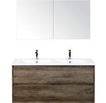 Waschtischunterschrank mit zwei Waschbecken, zwei Armaturen und Spiegelschrank